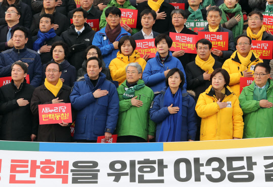 7일 오후 국회 본청 앞에서 열린 박근혜 대통령 탄핵 야 3당 결의대회에서 각 당 대표 등 지도부와 참가자들이 국기에 대한 경례를 하고 있다.